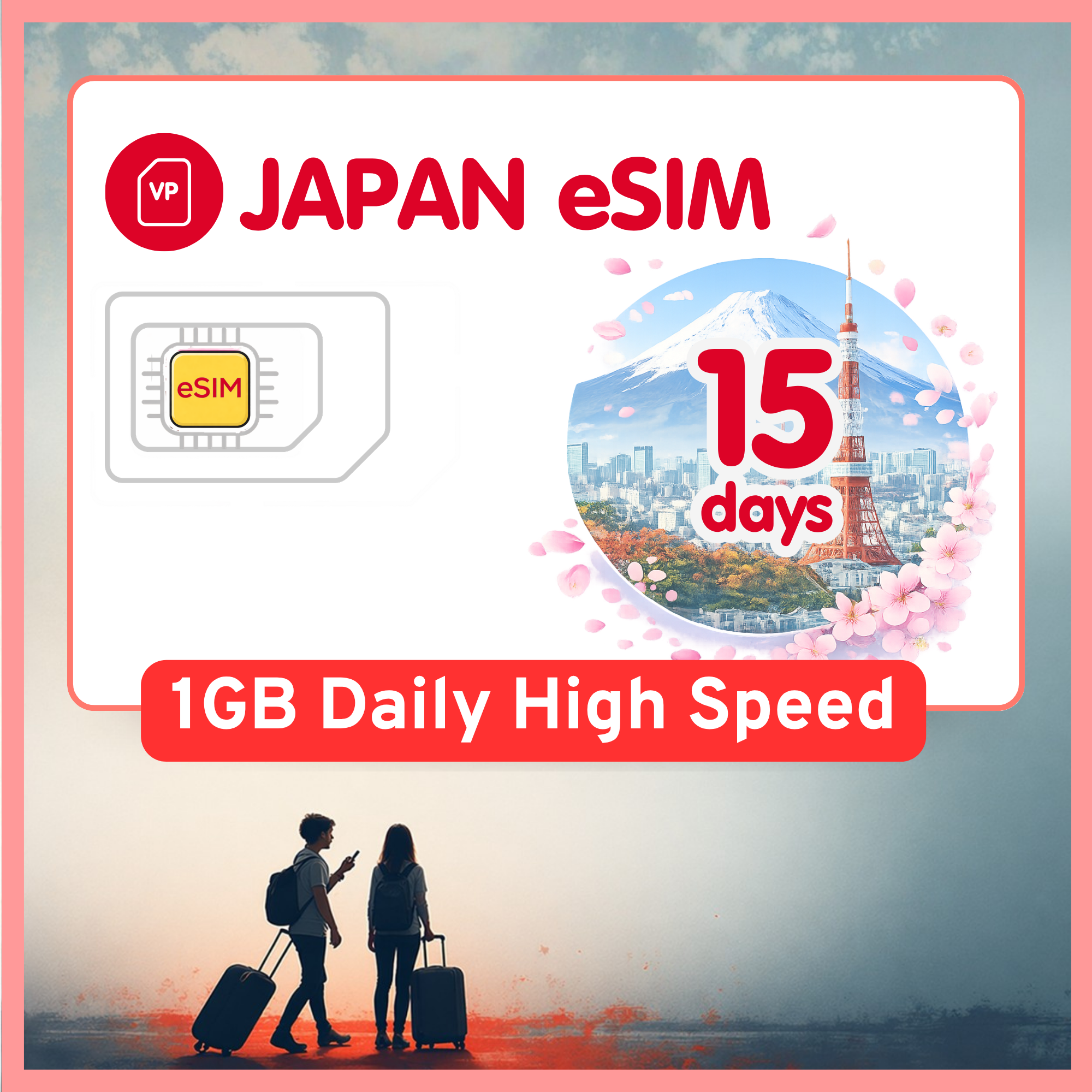 Japan eSIM Travel SIM- 1GB-3GB Daily Highspeed + Unlimited, KDDI network. 1 - 15 days option.