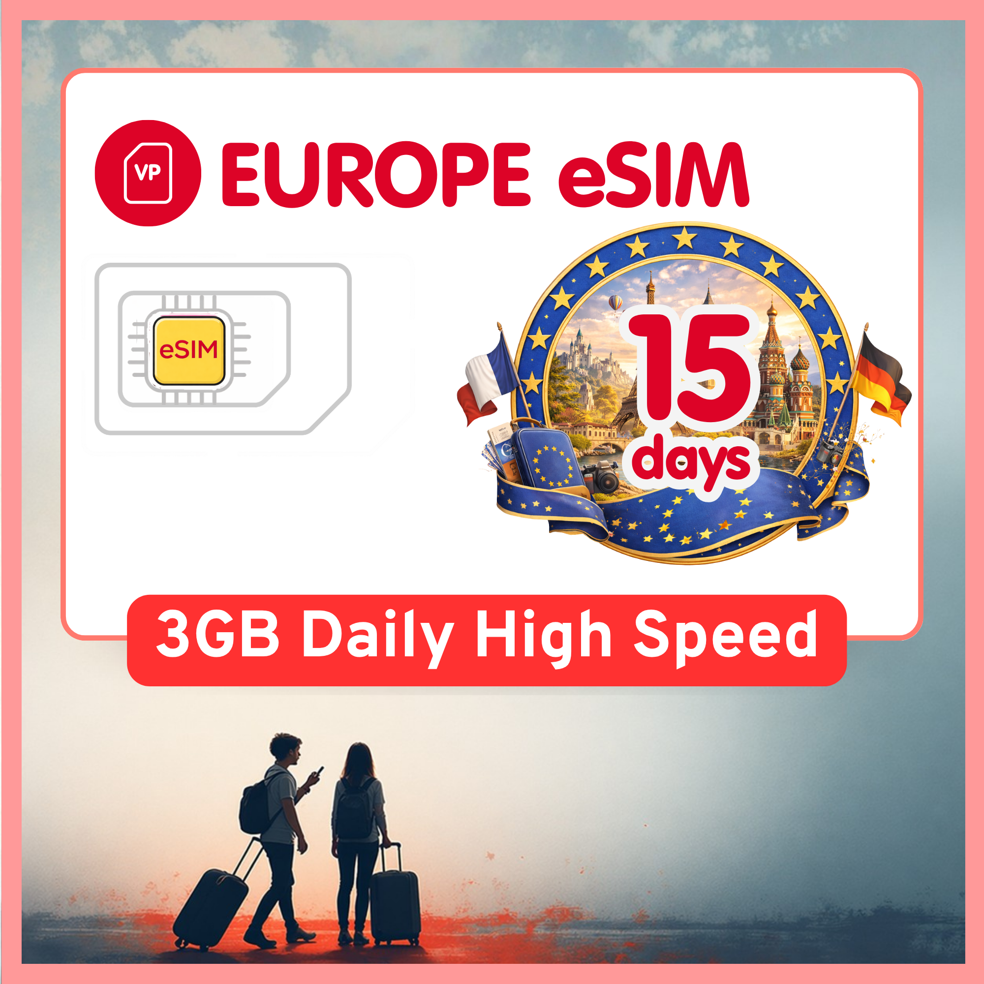 Europe eSIM Travel SIM– 1GB-3GB Daily High Speed + Unlimited. 26 Countries & Networks | 1-15-Days Option