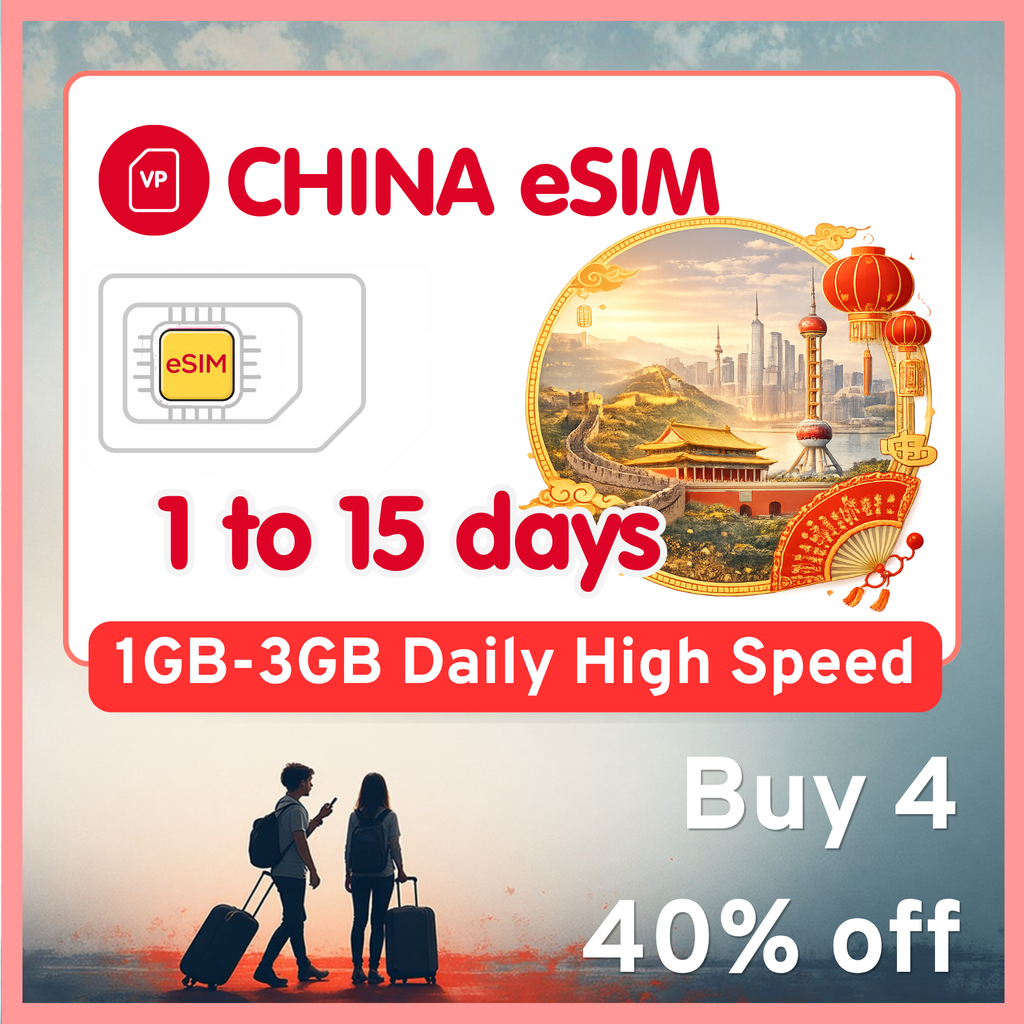 China eSIM Travel SIM - 1GB-3GB Daily High Speed + Unlimited, China Unicom + Telecom network. 1 - 15 Days