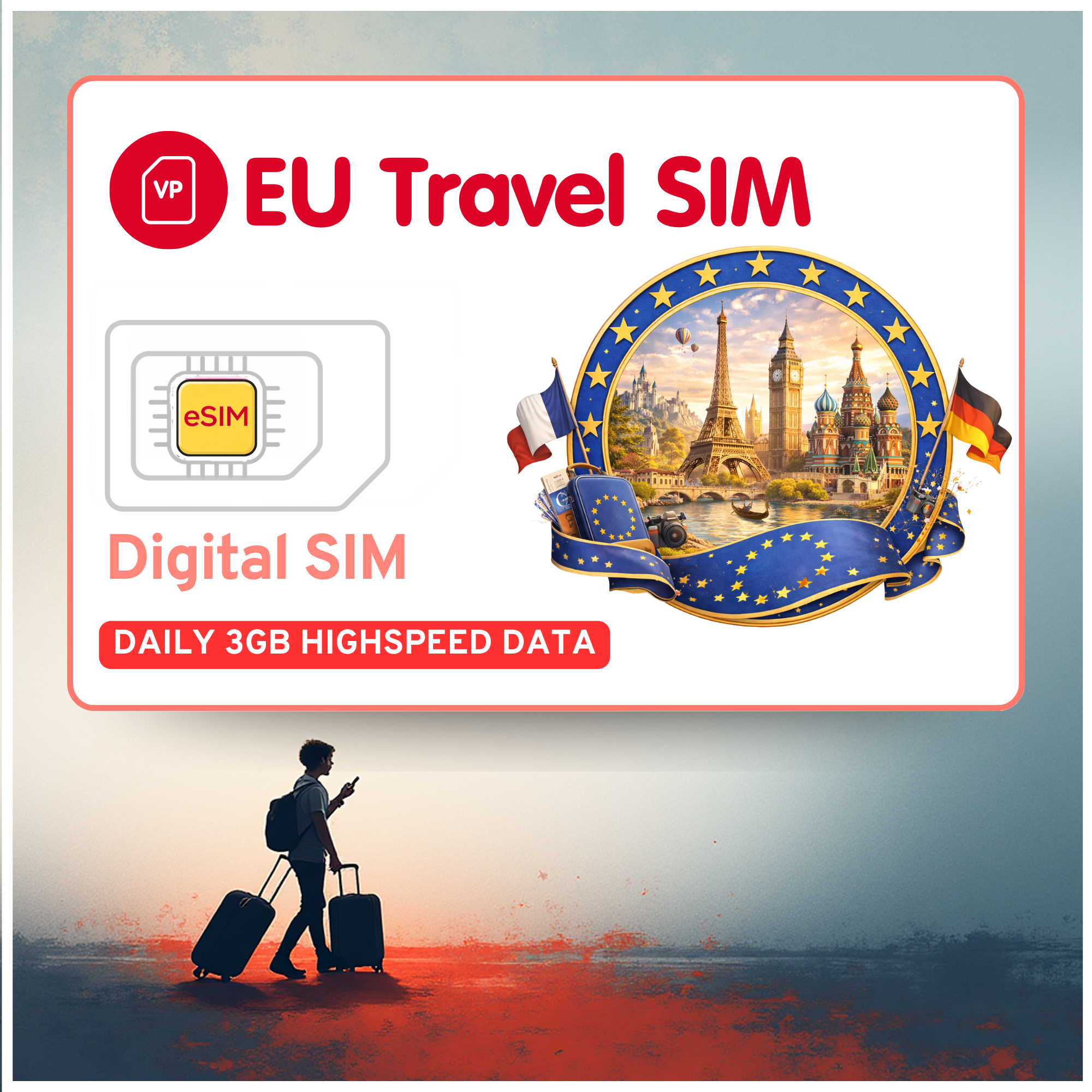 Europe eSIM Travel SIM– 3GB Daily High Speed + Unlimited. 26 Countries & Networks | 5-15-Days Option