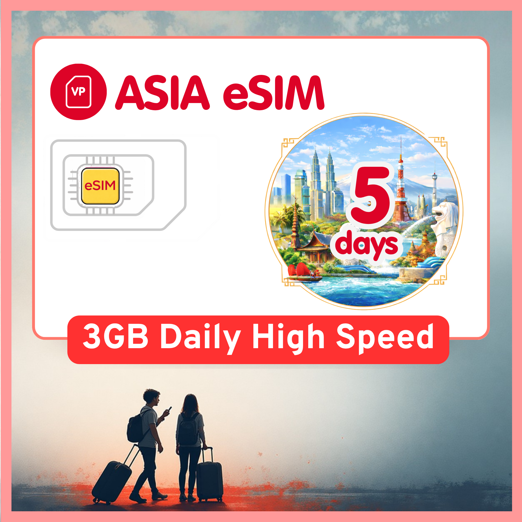 Asia eSIM Travel SIM- 1GB-3GB Daily Highspeed + Unlimited. 11 Countries. 1 - 15 days option.