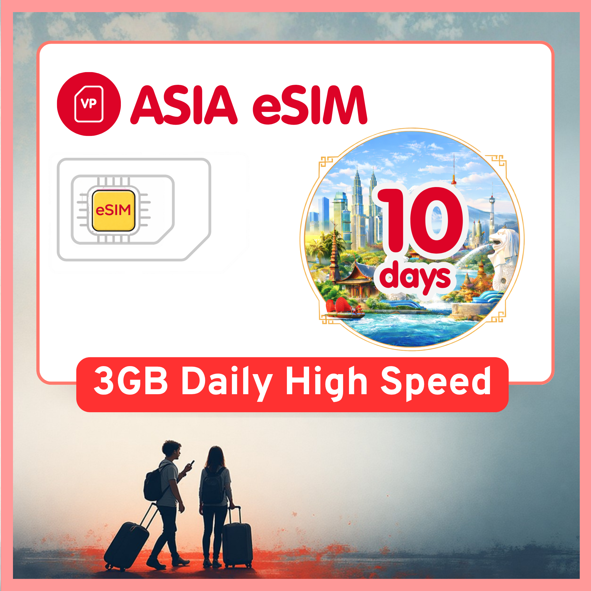 Asia eSIM Travel SIM- 1GB-3GB Daily Highspeed + Unlimited. 11 Countries. 1 - 15 days option.