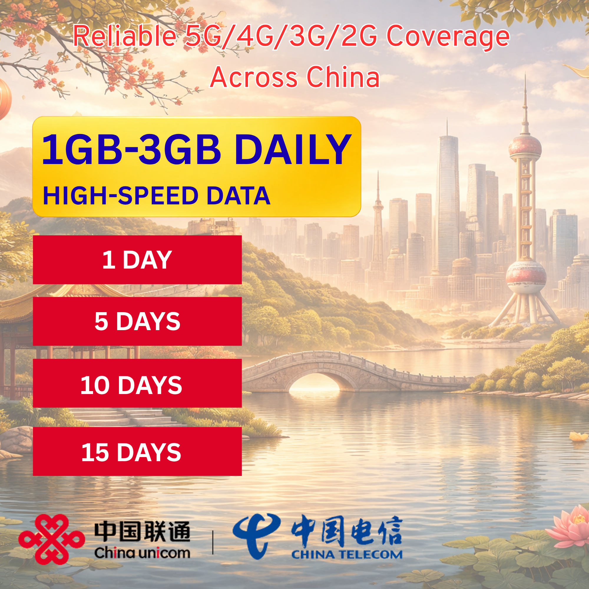 China eSIM Travel SIM - 1GB-3GB Daily High Speed + Unlimited, China Unicom + Telecom network. 1 - 15 Days