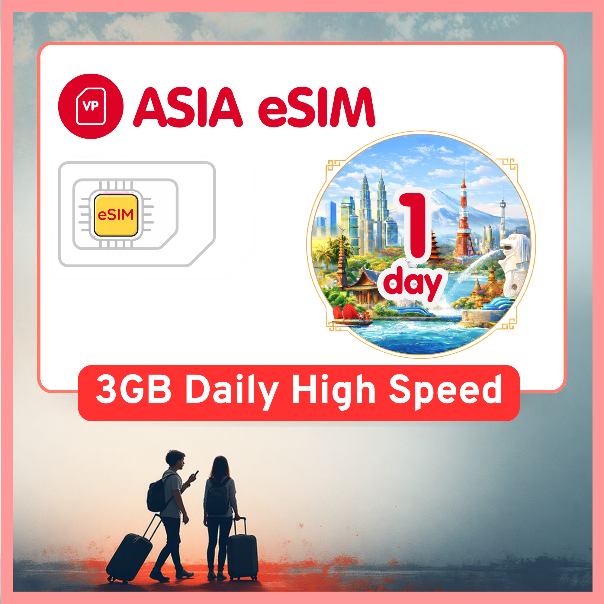 Asia eSIM Travel SIM- 1GB-3GB Daily Highspeed + Unlimited. 11 Countries. 1 - 15 days option.