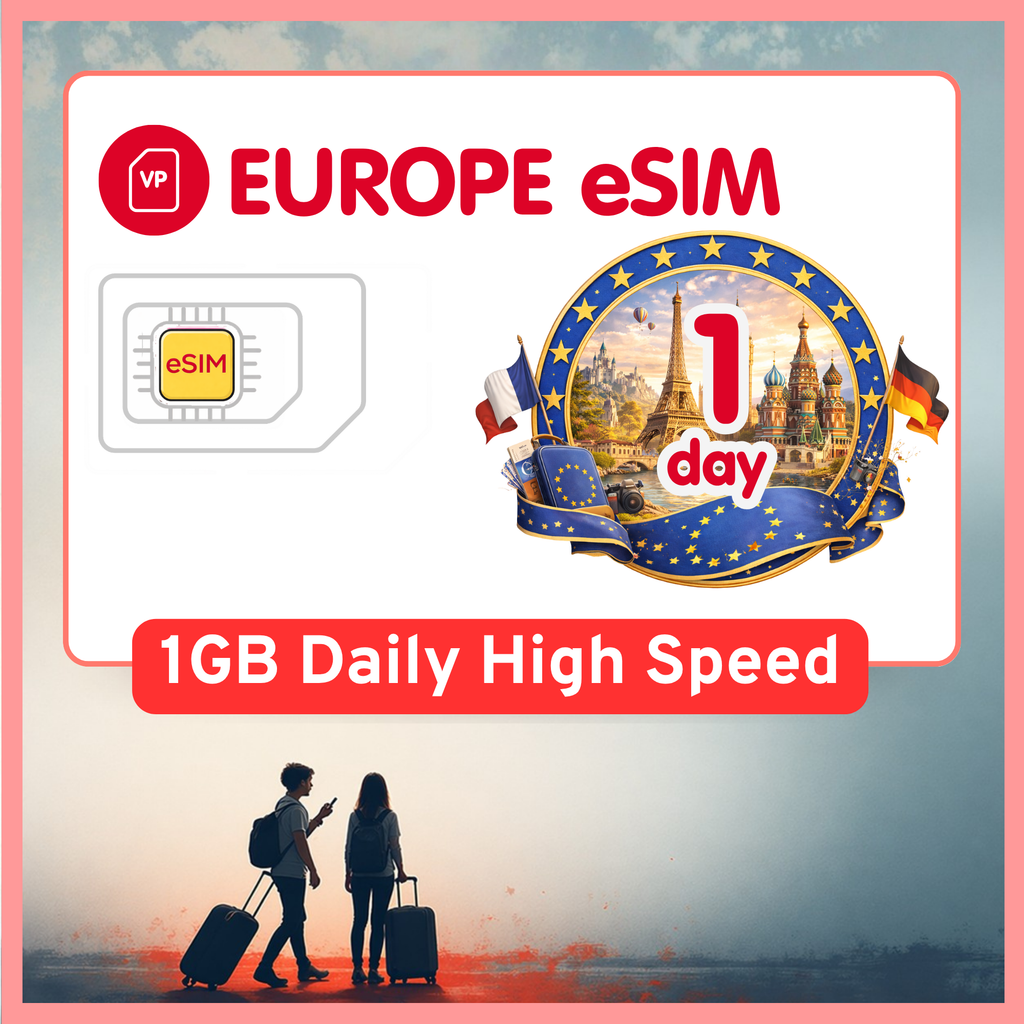 Europe eSIM Travel SIM– 1GB-3GB Daily High Speed + Unlimited. 26 Countries & Networks | 1-15-Days Option