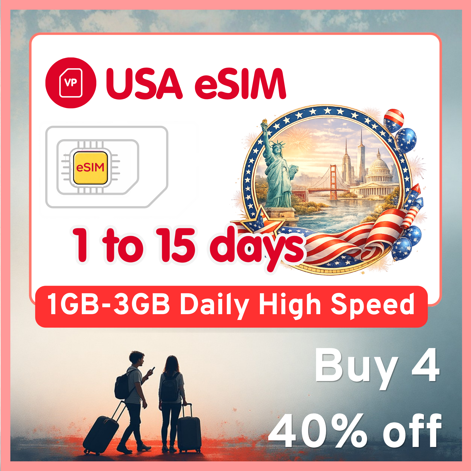 USA eSIM Travel SIM- 1GB-3GB Daily High Speed + Unlimited. T-Mobile United States (US). 1 -15 days option