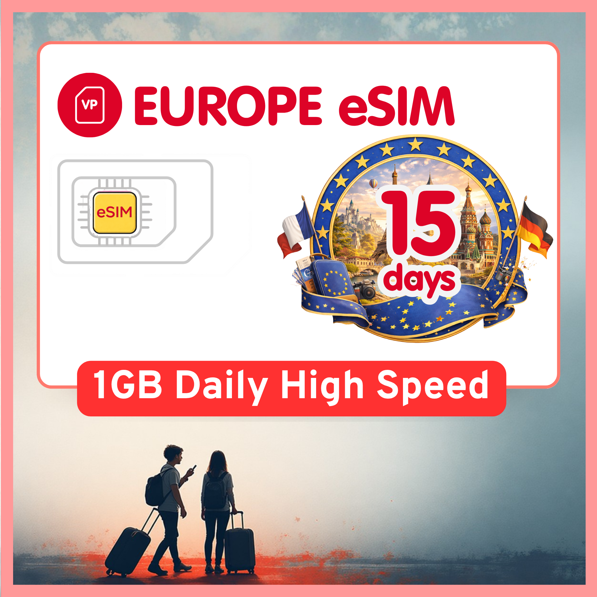 Europe eSIM Travel SIM– 1GB-3GB Daily High Speed + Unlimited. 26 Countries & Networks | 1-15-Days Option