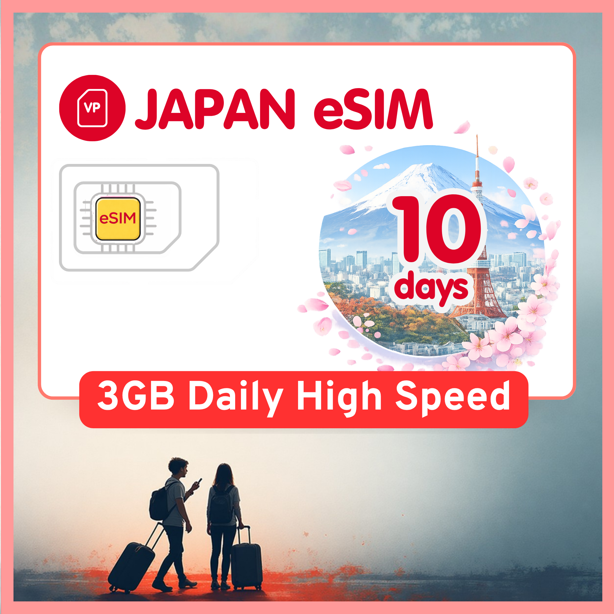 Japan eSIM Travel SIM- 1GB-3GB Daily Highspeed + Unlimited, KDDI network. 1 - 15 days option.