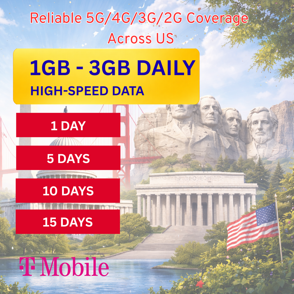 USA eSIM Travel SIM- 1GB-3GB Daily High Speed + Unlimited. T-Mobile United States (US). 1 -15 days option