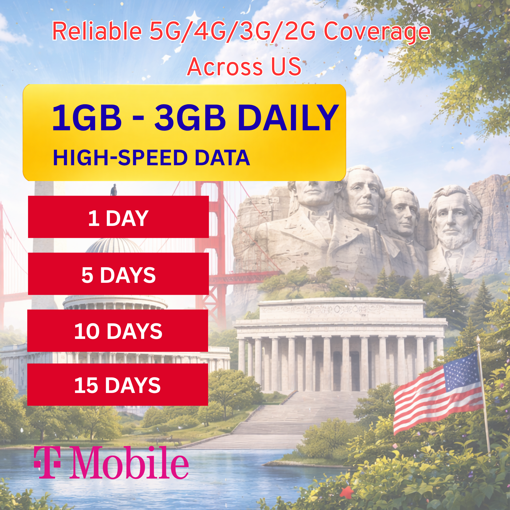 USA eSIM Travel SIM- 1GB-3GB Daily High Speed + Unlimited. T-Mobile United States (US). 1 -15 days option