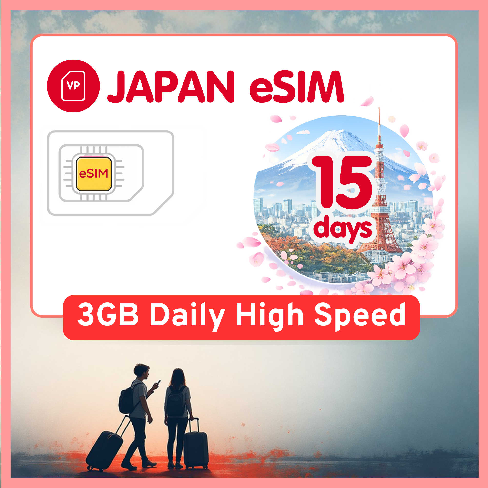 Japan eSIM Travel SIM- 1GB-3GB Daily Highspeed + Unlimited, KDDI network. 1 - 15 days option.