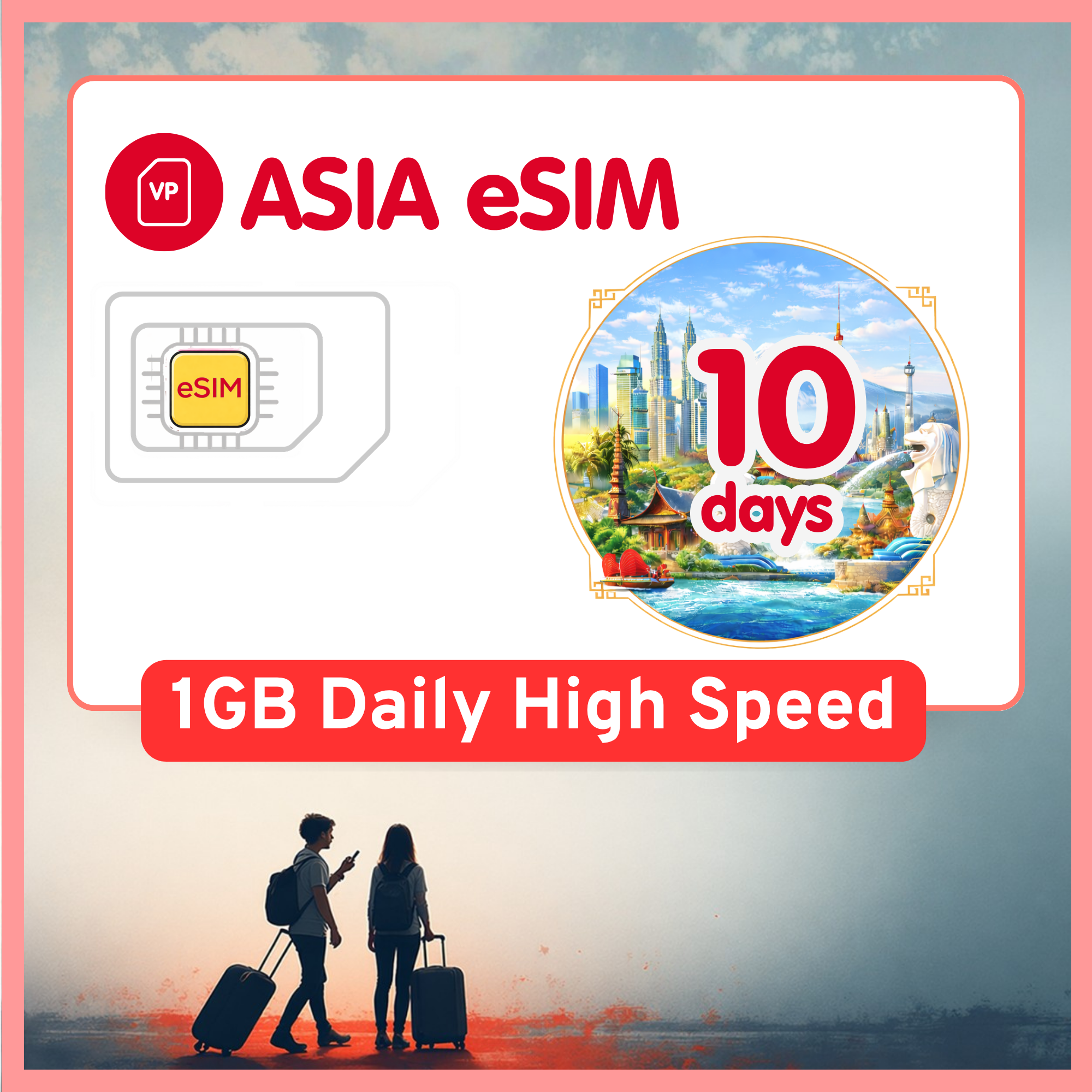 Asia eSIM Travel SIM- 1GB-3GB Daily Highspeed + Unlimited. 11 Countries. 1 - 15 days option.