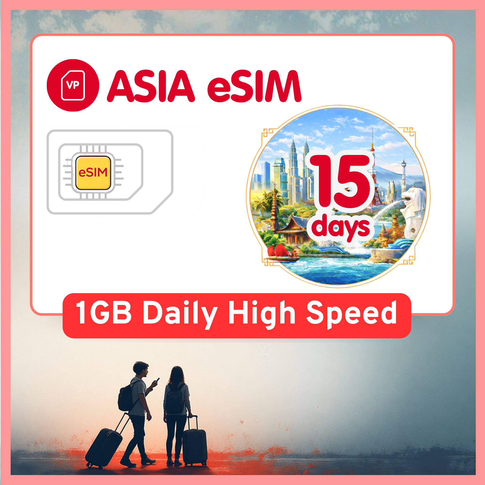 Asia eSIM Travel SIM- 1GB-3GB Daily Highspeed + Unlimited. 11 Countries. 1 - 15 days option.