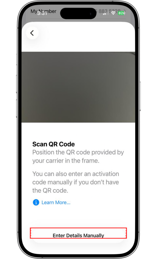 Add eSIM > Tap choose Enter Details Manually
