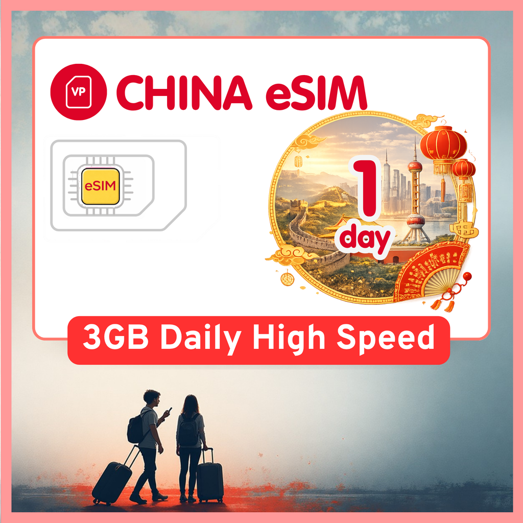 China eSIM Travel SIM - 1GB-3GB Daily High Speed + Unlimited, China Unicom + Telecom network. 1 - 15 Days