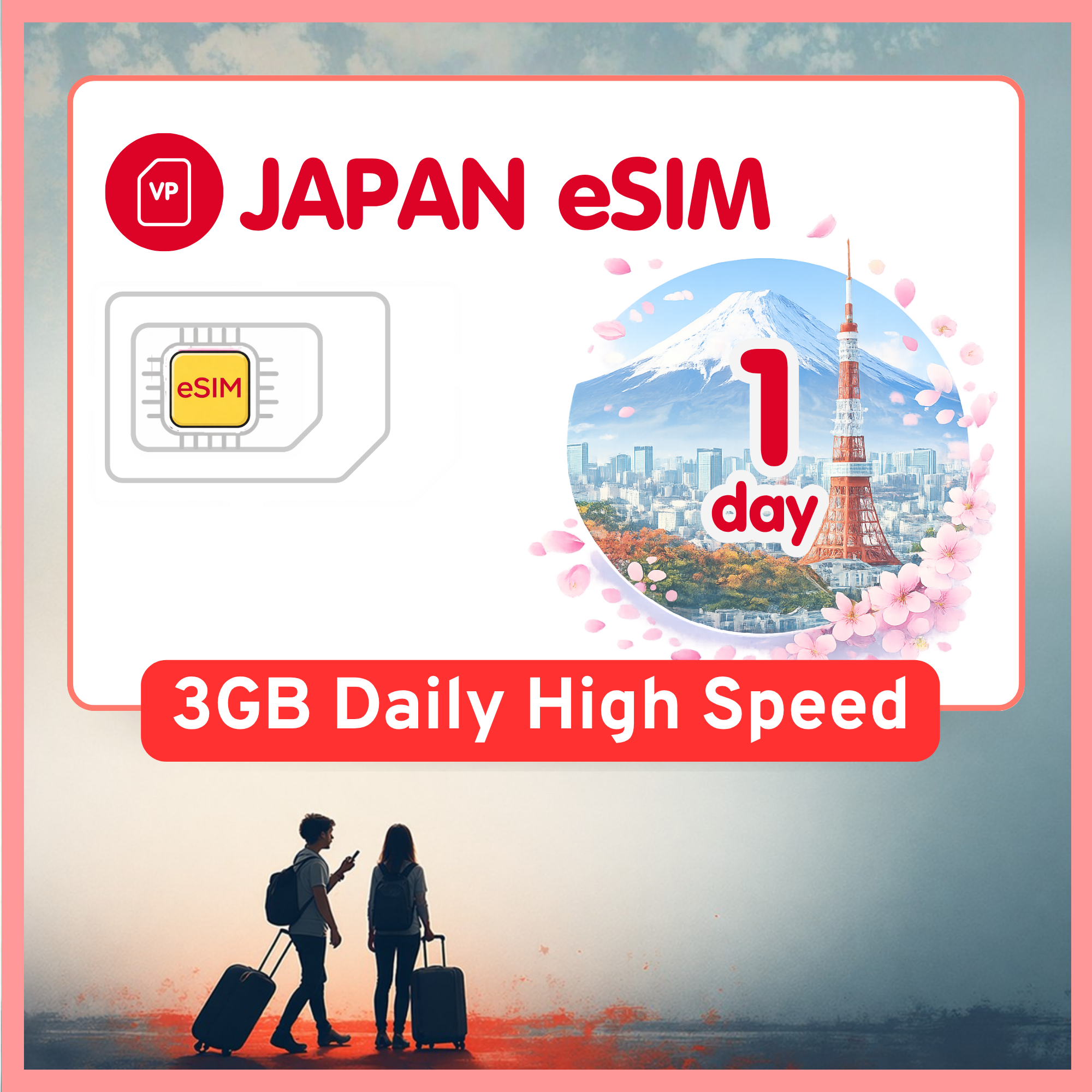 Japan eSIM Travel SIM- 1GB-3GB Daily Highspeed + Unlimited, KDDI network. 1 - 15 days option.