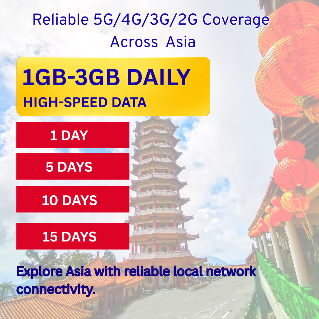 Asia eSIM Travel SIM- 1GB-3GB Daily Highspeed + Unlimited. 11 Countries. 1 - 15 days option.