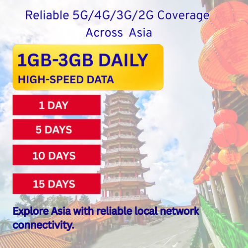 Asia eSIM Travel SIM- 1GB-3GB Daily Highspeed + Unlimited. 11 Countries. 1 - 15 days option.